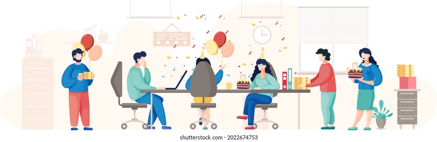 Fiesta de cumpleaños en la ilustración de vector plana de la oficina. Los trabajadores organizan vacaciones, felicita jefe. Interacción, entretenimiento en el lugar de trabajo. Equipo de negocios entregando globos y pasteles a un colega