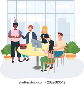 Birthday party in office flat vector illustration. Workers organize holiday, congratulate boss. Interaction, entertainment at workplace. Business team celebrate giving gifts and cake to colleague