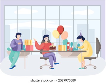 Birthday party in office flat vector illustration. Workers organize holiday, congratulate boss. Interaction, entertainment at workplace. Business team giving gifts balloonns and cake to colleague