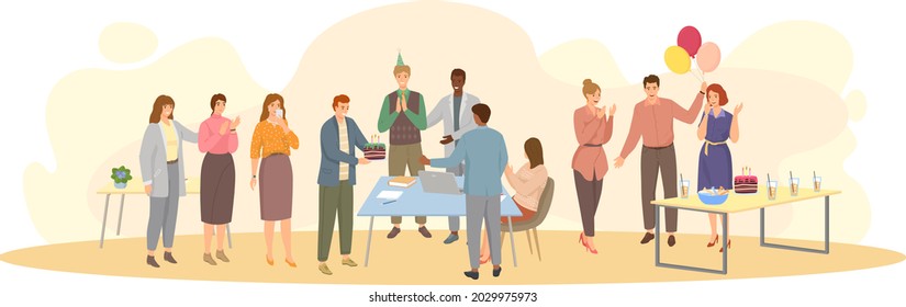 Birthday party in office flat vector illustration. Workers organize holiday, congratulate boss. Interaction, entertainment at workplace. Business team giving gifts balloonns and cake to colleague