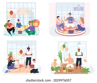 Birthday party in office flat vector illustration. Workers organize holiday, congratulate boss. Interaction, entertainment at workplace. Business team giving gifts balloonns and cake to colleague