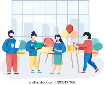 Birthday party in office flat vector illustration. Workers organize holiday, congratulate boss. Interaction, entertainment at workplace. Business team giving gifts balloonns and cake to colleague