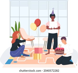 Birthday party in office flat vector illustration. Workers organize holiday, congratulate boss. Interaction, entertainment at workplace. Business team giving gifts balloonns and cake to colleague