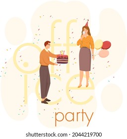 Fiesta de cumpleaños en la ilustración de vector plana de la oficina. Los trabajadores organizan vacaciones, felicita jefe. Interacción, entretenimiento en el lugar de trabajo. Equipo de negocios entregando globos y pasteles a un colega