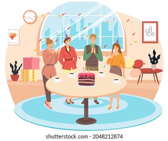 Birthday party in office flat vector illustration. Workers organize holiday, congratulate boss. Interaction, entertainment at workplace. Business team celebrate giving gifts and cake to colleague
