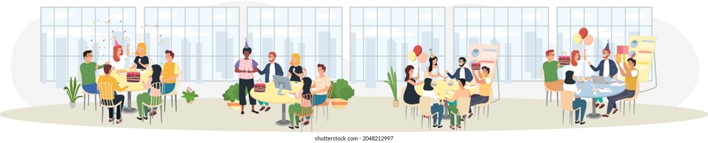 Birthday party in office flat vector illustration. Workers organize holiday, congratulate boss. Interaction, entertainment at workplace. Business team celebrate giving gifts and cake to colleague