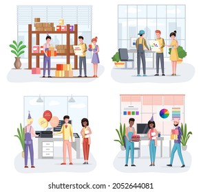 Birthday party in office flat vector illustration. Workers organize holiday, congratulate boss. Interaction, entertainment at workplace. Business team giving gifts balloonns and cake to colleague