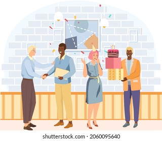 Fiesta de cumpleaños en la ilustración de vector plana de la oficina. Los trabajadores organizan vacaciones, felicita jefe. Interacción, entretenimiento en el lugar de trabajo. Equipo de negocios celebra dar regalos y torta a un colega