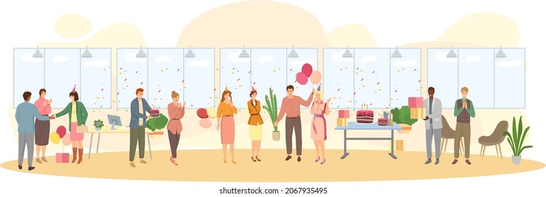 Birthday party in office flat vector illustration. Workers organize holiday, congratulate boss. Interaction, entertainment at workplace. Business team giving gifts balloonns and cake to colleague