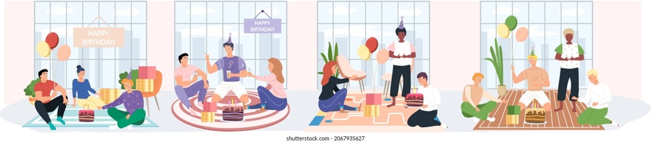 Fiesta de cumpleaños en la ilustración de vector plana de la oficina. Los trabajadores organizan vacaciones, felicita jefe. Interacción, entretenimiento en el lugar de trabajo. Equipo de negocios celebra dar regalos y torta a un colega