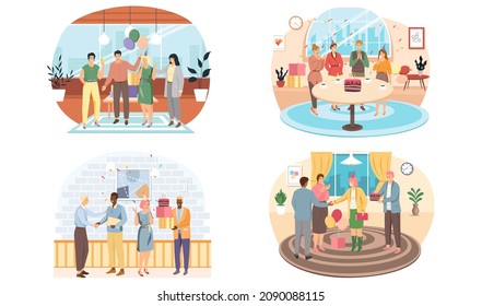 Birthday party in office flat vector illustration. Workers organize holiday, congratulate boss. Interaction, entertainment at workplace. Business team giving gifts balloonns and cake to colleague