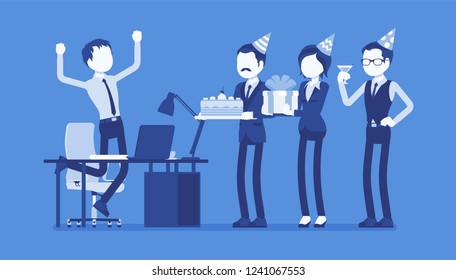 Birthday party in the office. Male happy employee in celebration and giving gifts by friends, coworkers assemble for interaction, entertainment at workplace. Vector illustration, faceless characters