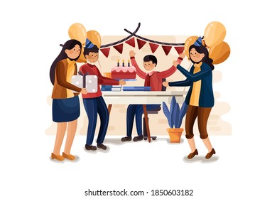 Birthday party in the office. Male happy employee in celebration and giving gifts by friends, coworkers assemble for interaction and entertainment at workplace.