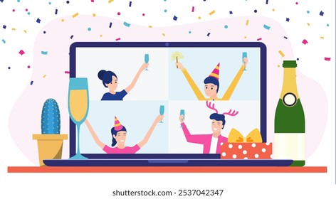 Festa de aniversário online, Conferência em um laptop. Quarentena, autoisolamento durante uma pandemia. Festa on-line com laptop e bebida. Ilustração vetorial em estilo plano.