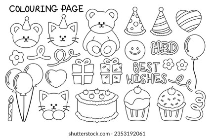 Birthday party outline drawings of bear and cat characters, hats, balloons, cakes, cupcakes, gifts, presents, flowers. For kid or adult colouring book, colouring page, tattoo, birthday card, sticker