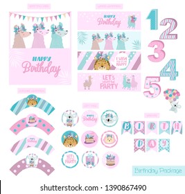 Birthday party package collection with fun animals. Festive set of labels, wrappers, flags, numbers and cards. Editable vector illustration