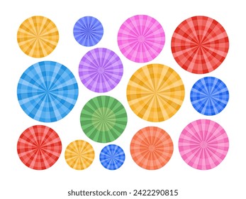 Birthday party paper garlands. Folded paper round decoration, multicolored hanging paper fans, flat vector illustration set. Round paper party decor