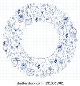 Birthday party. Pattern for invitations, banners, templates.