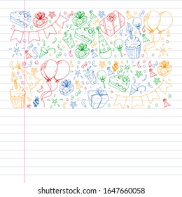 Birthday party. Pattern for invitations, banners, templates.