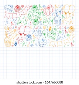 Birthday party. Pattern for invitations, banners, templates.