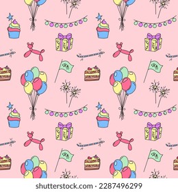 Birthday party pattern. Seamless vector background with funny colorful bday doodles. Hand drawn kid birthday repeat illustration.
