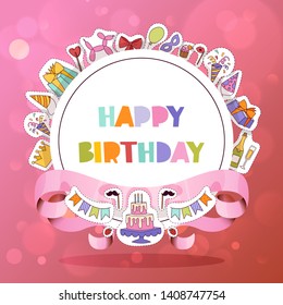 Birthday party pattern vector anniversary cartoon kids happy birth cake or cupcake celebration with gifts and birthday candles flags sticker backdrop girlie illustration background.