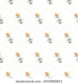 Birthday party pattern.Animal party background  with cake and koala. Bright summer graphic design. 