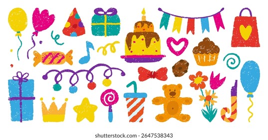 Birthday party pencil drawing. Crayon hand drawn gift box, garland, balloons, birthday cake. Isolated candy and muffin, desserts, neoteric vector set