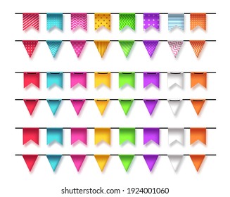 Birthday party pennant vector set design. Party streamers 3d realistic elements with patterns for kids party celebrations and event decorations. Vector illustration