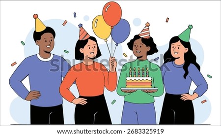 Birthday party people with cake vector illustration