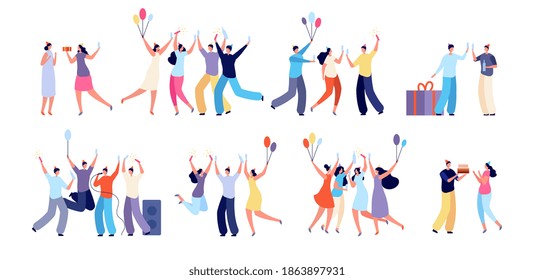 Birthday party people. Celebration characters, happy woman with balloons. Surprise event, adults confetti cake and presents utter vector set