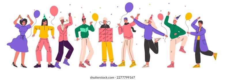 Birthday party people. Friends congratulate guy. Gift presentation. Wonderful anniversary celebration. Confetti and balloons. Joyful men and women. Present box. Vector