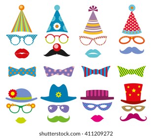 Birthday party photo booth props vector set. Party decoration for photo booth, birthday mask photo booth, costume for masquerade photo booth illustration