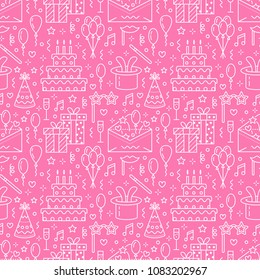 Birthday party pink seamless pattern, flat line illustration. Vector icons of event agency, wedding organization - cake, balloons, gifts, invitation, kids entertainment. Cute repeated background.