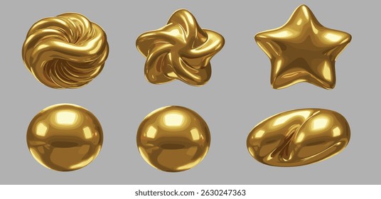 Birthday party popper golden confetti streamer element. 3d render illustration set of surprise or winner congratulation gold serpentine ribbon