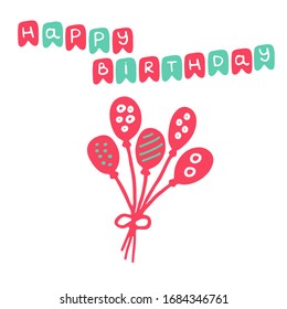 Birthday party. Poster banner postcard for the holiday. Balloons and inscription. Vector