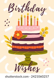 Birthday party poster. Cake with candles. Dessert and delicacy. Holiday and festival, event. Greeting and invitational postcard design. Template and layout. Cartoon flat vector illustration