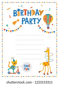 Birthday party poster or card in cute style with bright garlands, cartoon animals, and baloon. Template for print design.