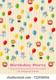 Birthday party poster design - cartoon animals fly with balloons background. Vector illustration