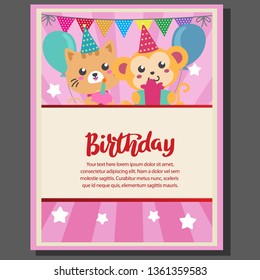 birthday party poster with party flag and cat monkey vector template
