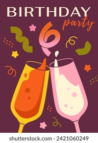 Birthday party poster. Glasses with alcoholic drinks and beverages, sparkles. Holiday and festival, event. Greeting and invitational postcard design. Cartoon flat vector illustration