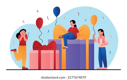 Birthday party poster. Men and women next to large boxes and balloons. Advertising banner for website. Discounts, promotions and special offers. Surprise and present. Cartoon flat vector illustration