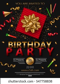 Birthday party poster with red gift box, candle and confetti. Vector illustration eps 10 format.