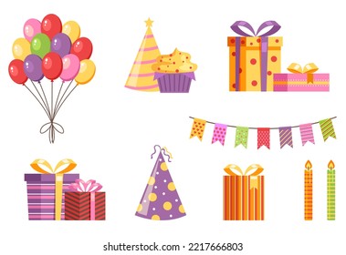 Birthday party present box card cupcake abstract design element concept illustration set