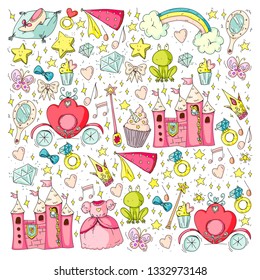 Birthday party in princess style. Vector set of different elements for little girls. Wrapping paper, wallpaper.