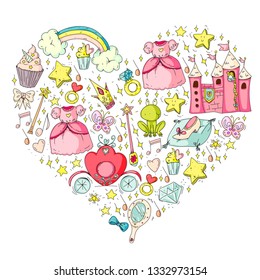 Birthday party in princess style. Vector set of different elements for little girls. Wrapping paper, wallpaper.