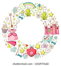 Birthday party in princess style. Vector set of different elements for little girls. Wrapping paper, wallpaper.