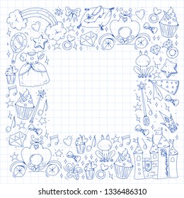 Birthday party in princess style. Vector set of different elements for little girls. Wrapping paper, wallpaper.