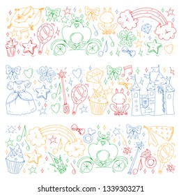 Birthday party in princess style. Vector set of different elements for little girls. Wrapping paper, wallpaper.