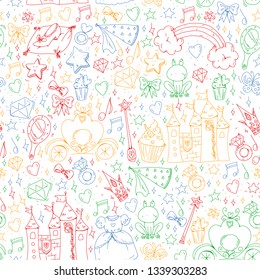 Birthday party in princess style. Vector set of different elements for little girls. Wrapping paper, wallpaper.